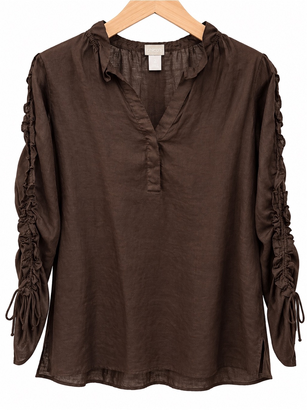 Chico’s Chocolate Brown Ramie Lyocell Ruched Sleeve Blouse Size 2 US 12